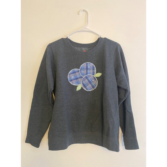 Hanes Blue-Gray Sweatshirt With Hand-Embroidered Plaid Blueberries Size M - Picture 1 of 5